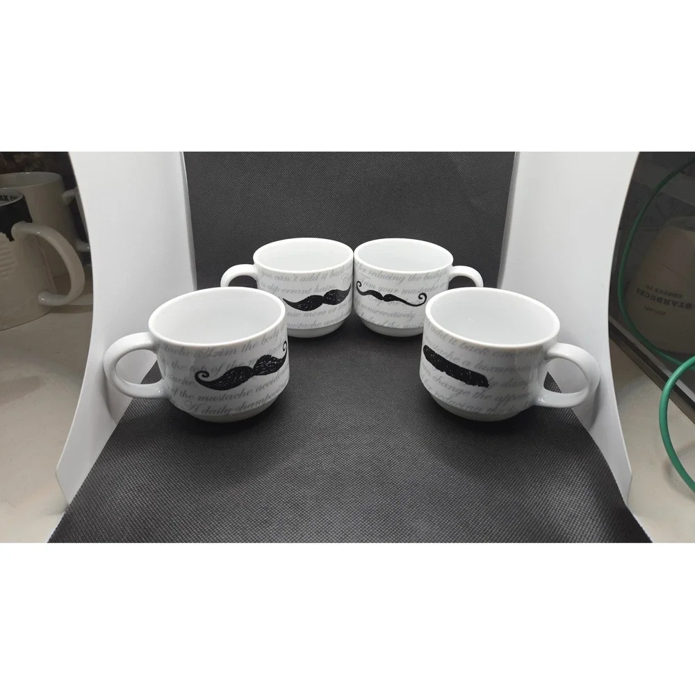 Set of 4 Pier 1 Mustache Ceramic Coffee Mugs White Black Handlebar Chevron Mugs